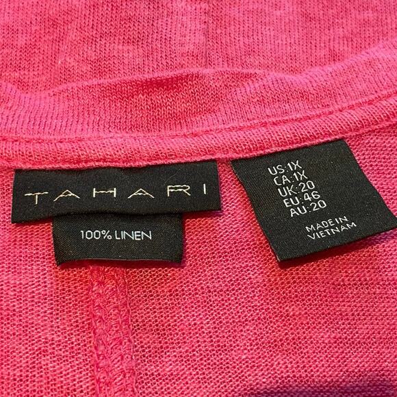 Tahari 100% Linen Shirt Women's Fuschia Pink 1X SS V-Neck Hi-Lo Hem Summer - Picture 3 of 4